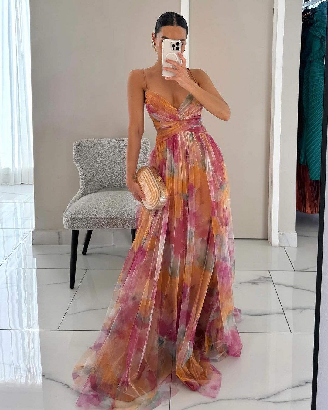 Women's abstract maxi dress with V-neckline and spaghetti straps