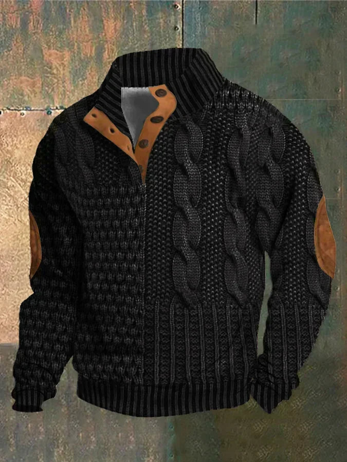 Men's patterned cable knit sweater with button collar