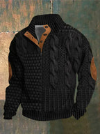 Men's patterned cable knit sweater with button collar