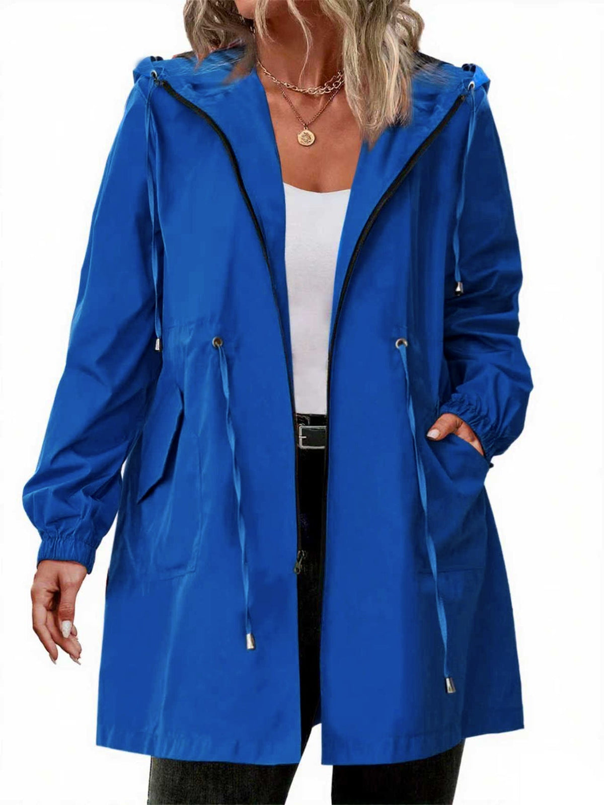 Women's longline hooded raincoat with zip front and drawstring waist