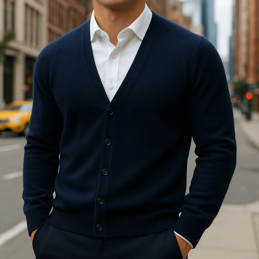 Men's V-neck button cardigan with long sleeves and ribbed trims