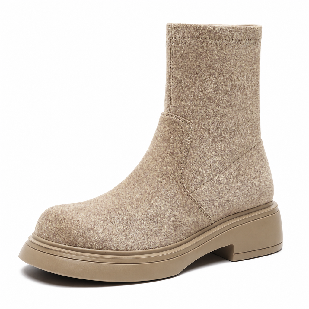 Women's suede-like ankle boots with round toes and low block heels