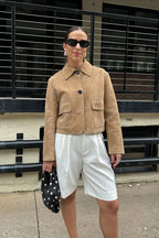 Women's sand suede jacket with collar and flap pockets