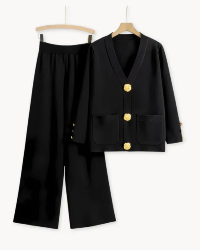 Women's V-neck cardigan and wide-leg trouser set with button details and front pockets