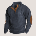 Men's ribbed collared sweatshirt with button placket and contrast elbow patches
