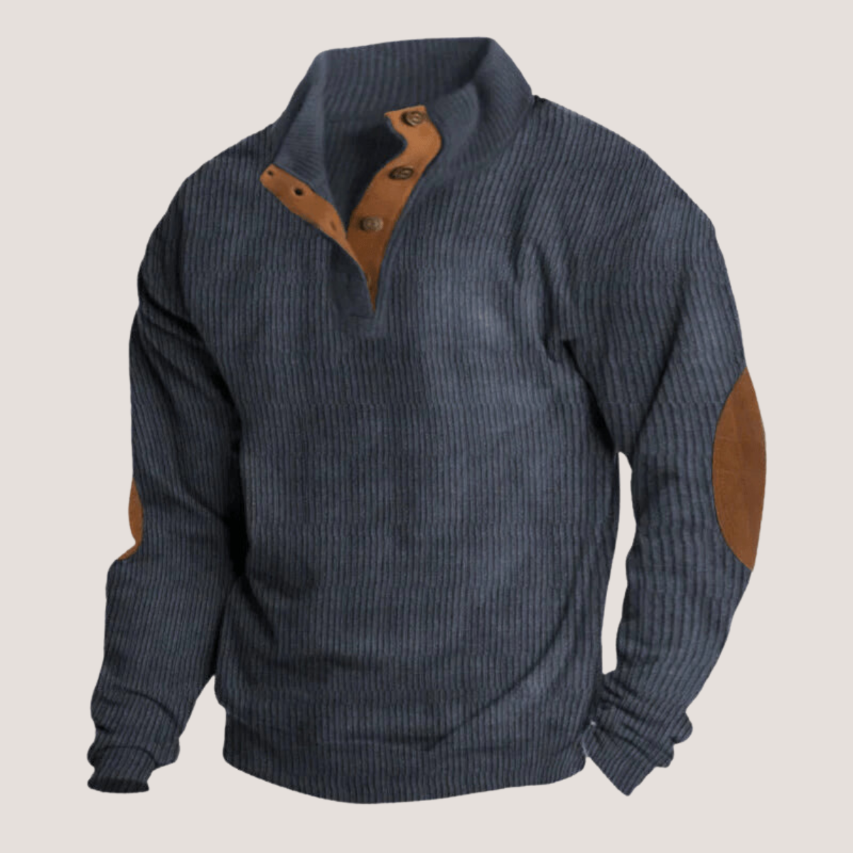 Men's ribbed collared sweatshirt with button placket and contrast elbow patches