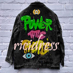Graphic denim jacket with colourful Halloween-style artwork on the back