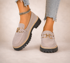 Women's beige mesh loafers with gold horsebit detail and chunky black lug soles
