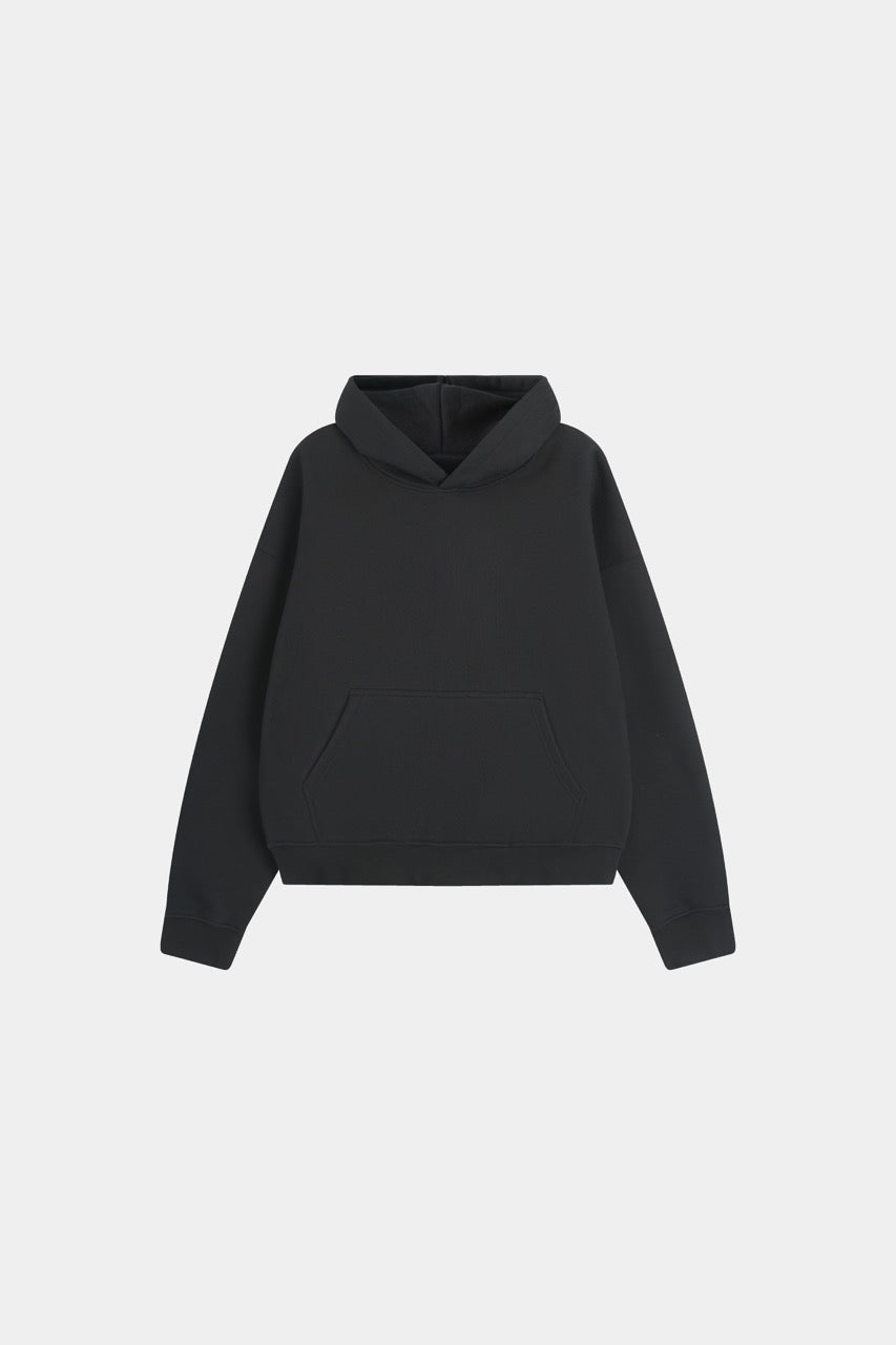 Men's black pullover hoodie with hood and front pouch pocket
