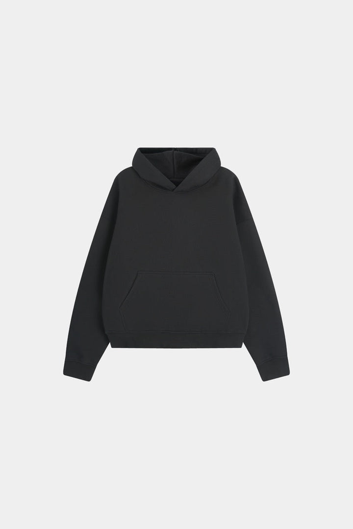 Men's black pullover hoodie with hood and front pouch pocket