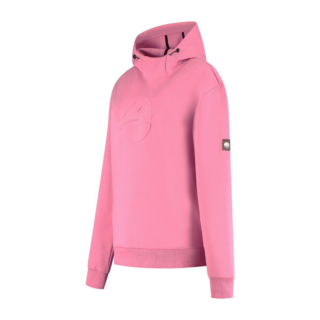Women's pink hooded sweatshirt with long sleeves and ribbed trims
