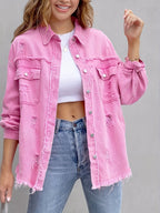 Women's pink distressed denim jacket with pockets and frayed hem