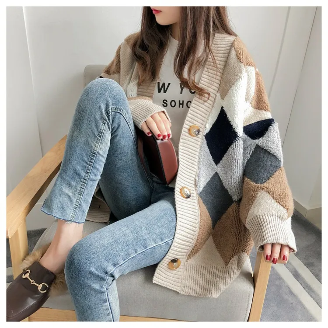Women's geometric knit cardigan with buttons and long sleeves