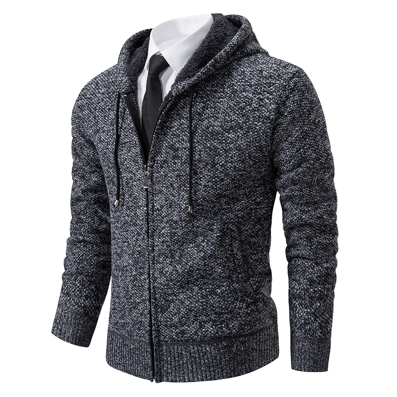 Men's textured zip cardigan with hooded collar and ribbed trims