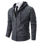 Men's textured zip cardigan with hooded collar and ribbed trims