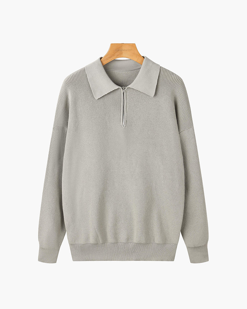 Men's ribbed half-zip sweater with pointed collar in grey and black options