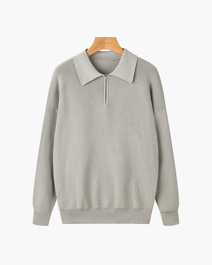 Men's ribbed half-zip sweater with pointed collar in grey and black options