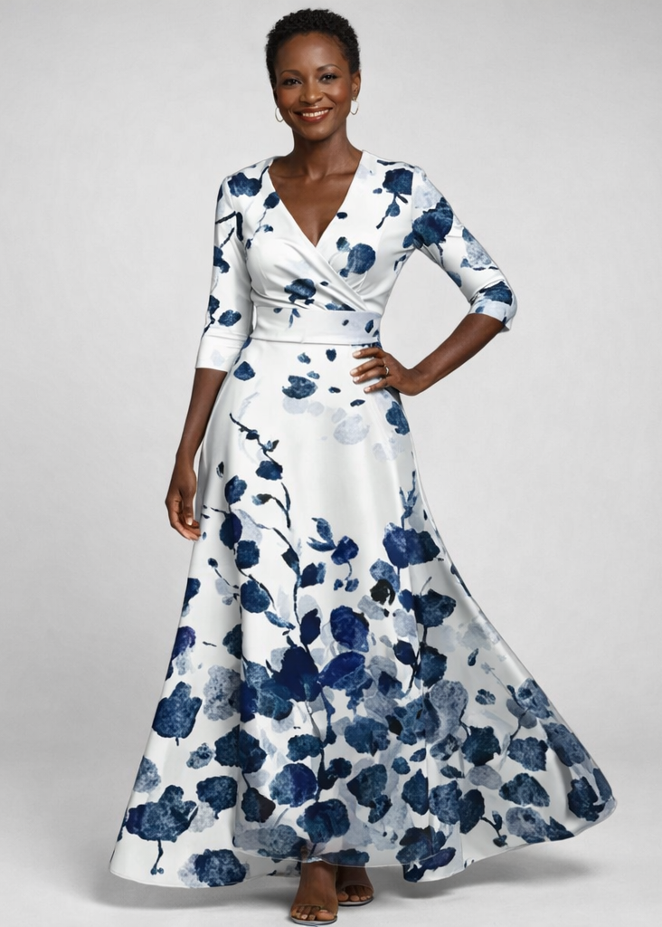Women's floral wrap maxi dress with V-neckline and three-quarter sleeves