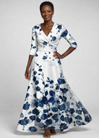 Women's floral wrap maxi dress with V-neckline and three-quarter sleeves