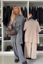 Women's short sleeve knit top and wide-leg trousers set