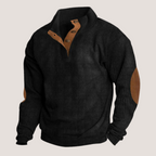 Men's ribbed collared sweatshirt with button placket and contrast elbow patches