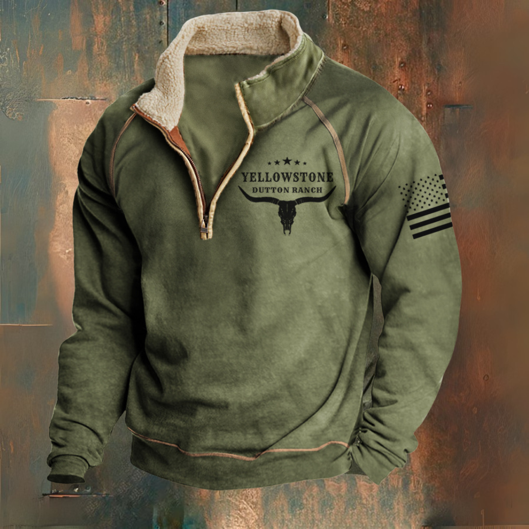Men's green half zip jumper with printed front and sleeve