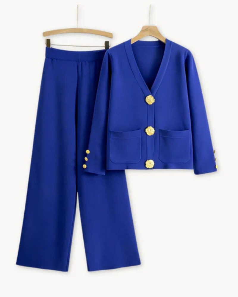Women's V-neck cardigan and wide-leg trouser set with button details and front pockets