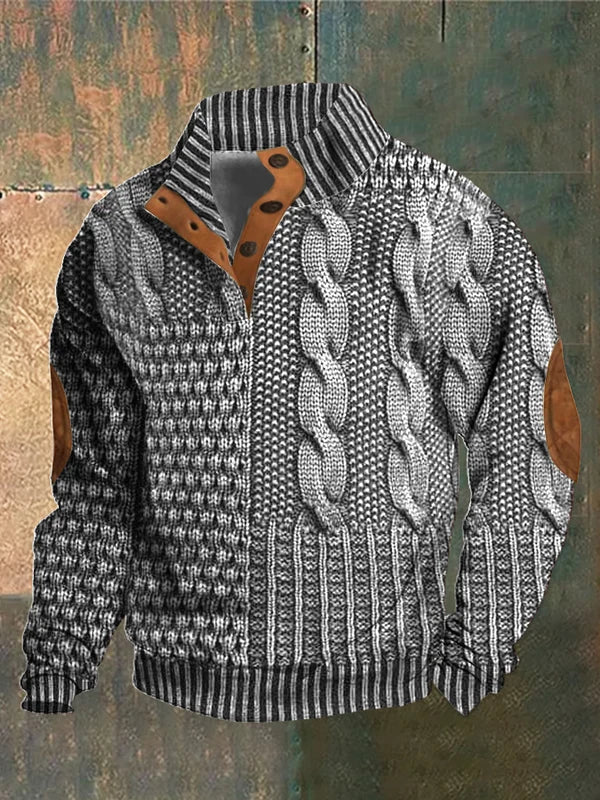 Men's patterned cable knit sweater with button collar
