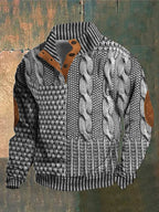 Men's patterned cable knit sweater with button collar