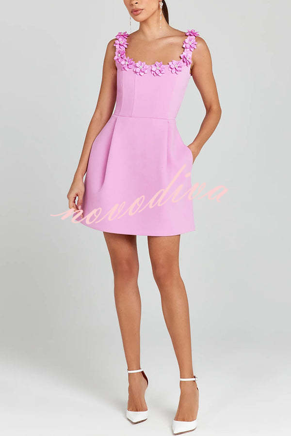Women's square-neck mini dress with floral appliques and side pockets