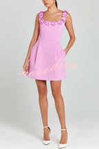 Women's square-neck mini dress with floral appliques and side pockets
