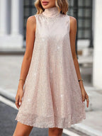 Women's sleeveless sequin mock neck mini dress with A-line shape
