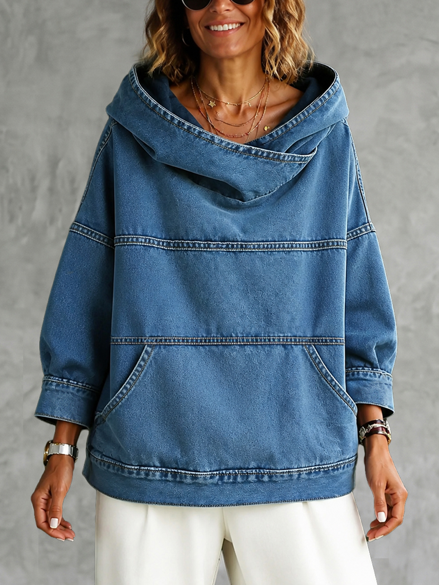 Women's blue hooded sweatshirt with long sleeves, panel seams and front kangaroo pocket