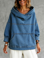 Women's blue hooded sweatshirt with long sleeves, panel seams and front kangaroo pocket