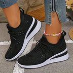 Women's knit-look lace-up sneakers with round toes and platform soles