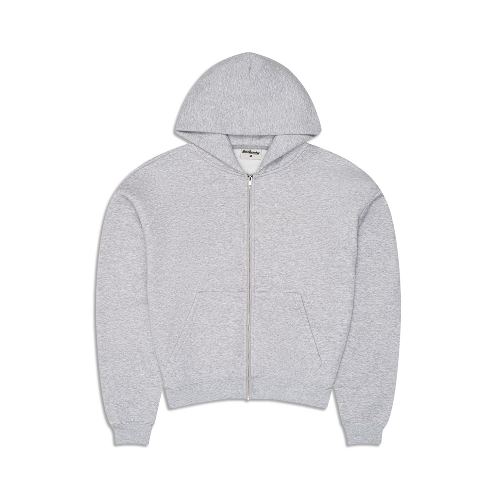 Men's gray zip-up hoodie with hood and kangaroo pocket