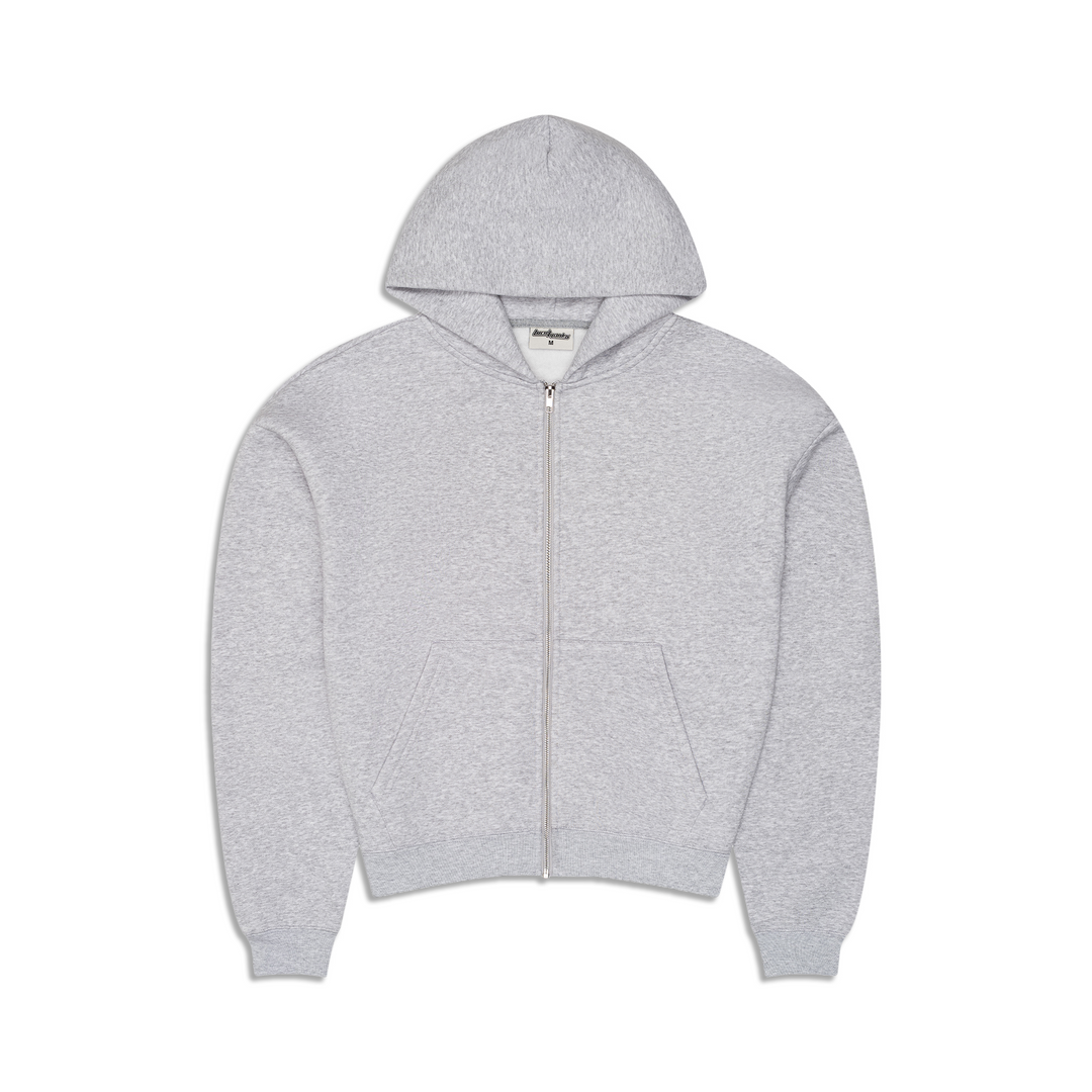 Men's gray zip-up hoodie with hood and kangaroo pocket