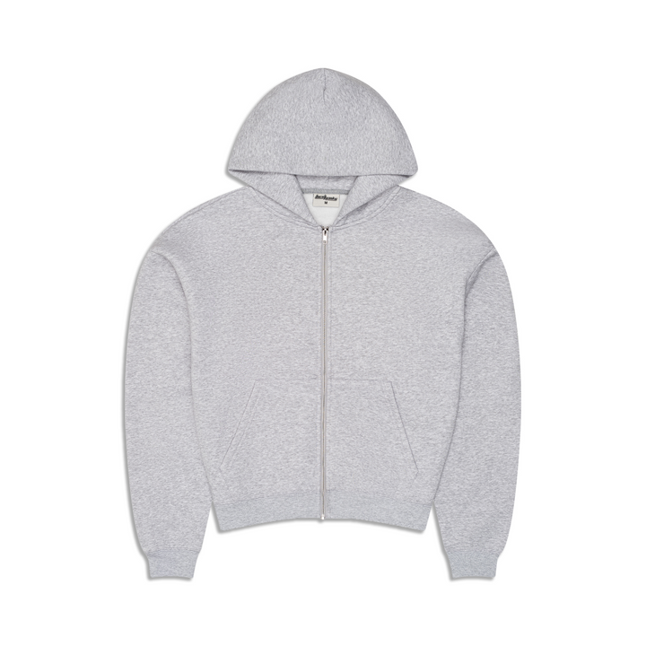 Men's gray zip-up hoodie with hood and kangaroo pocket