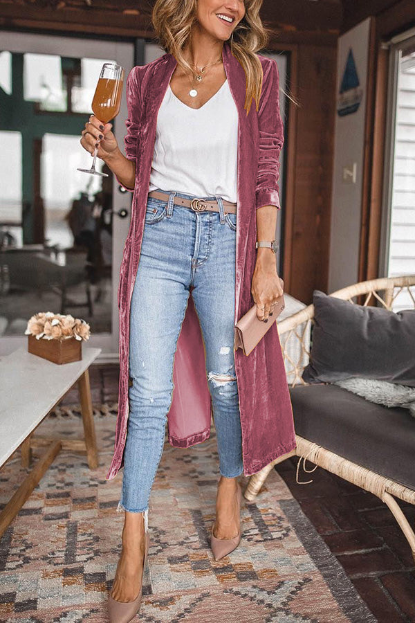 Women's longline velvet kimono coat with open front and gathered sleeves