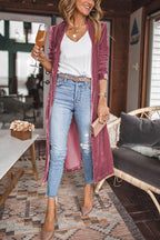 Women's longline velvet kimono coat with open front and gathered sleeves