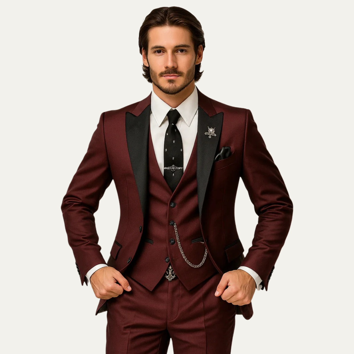 Men's three-piece suit set with blazer, waistcoat and full-length trousers