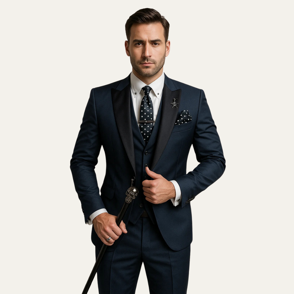 Men's three-piece suit set with blazer, waistcoat and full-length trousers