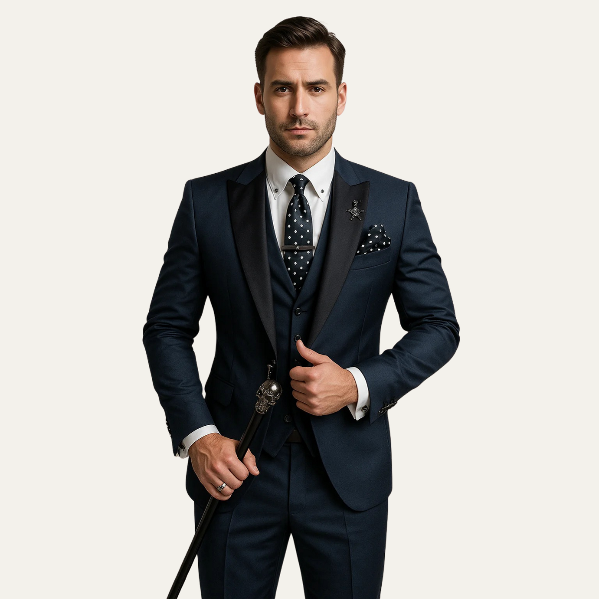 Men's three-piece suit set with blazer, waistcoat and full-length trousers