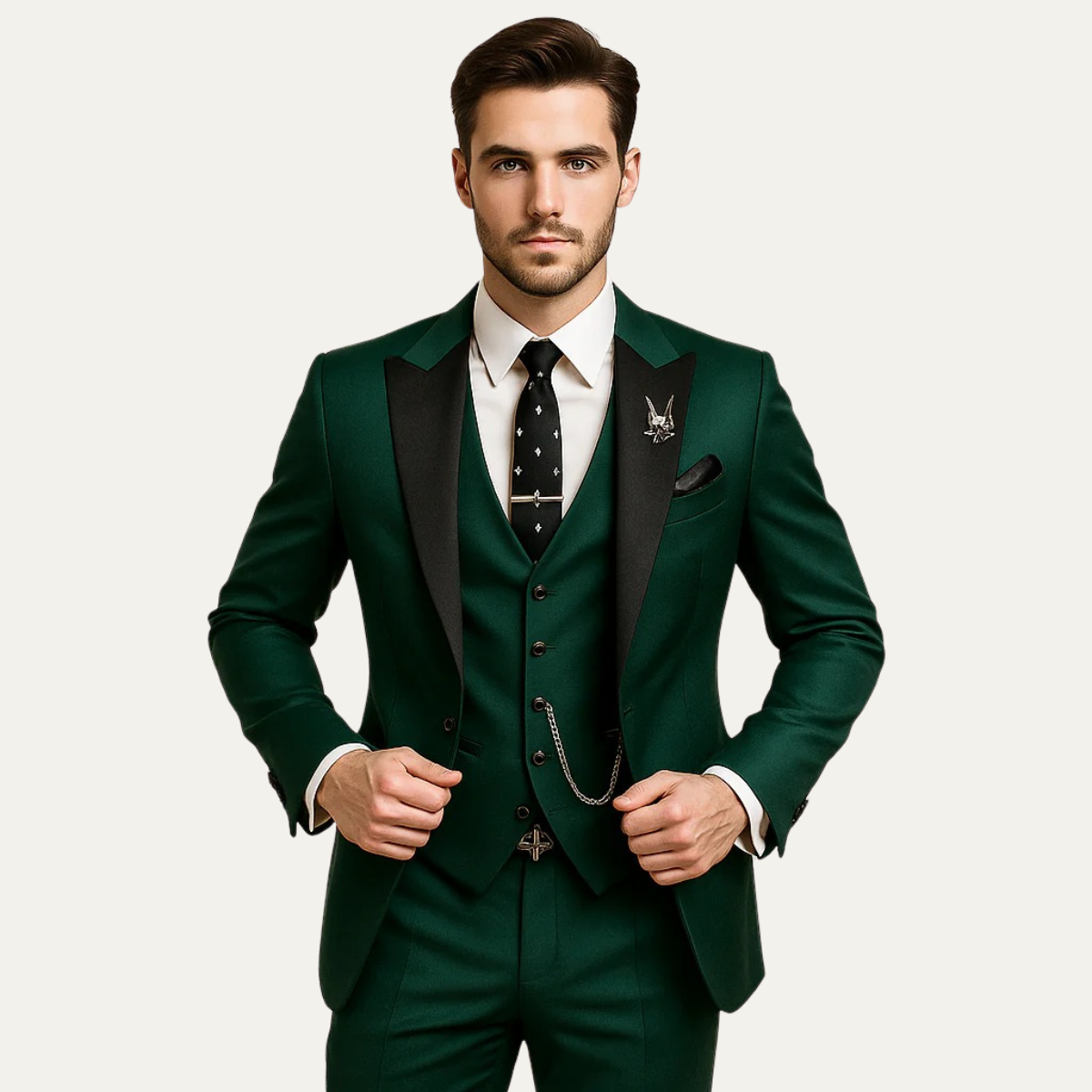 Men's three-piece suit set with blazer, waistcoat and full-length trousers