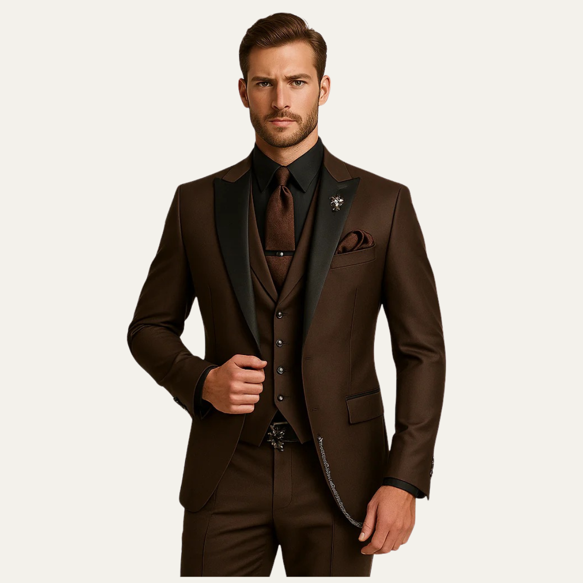 Men's three-piece suit set with blazer, waistcoat and full-length trousers