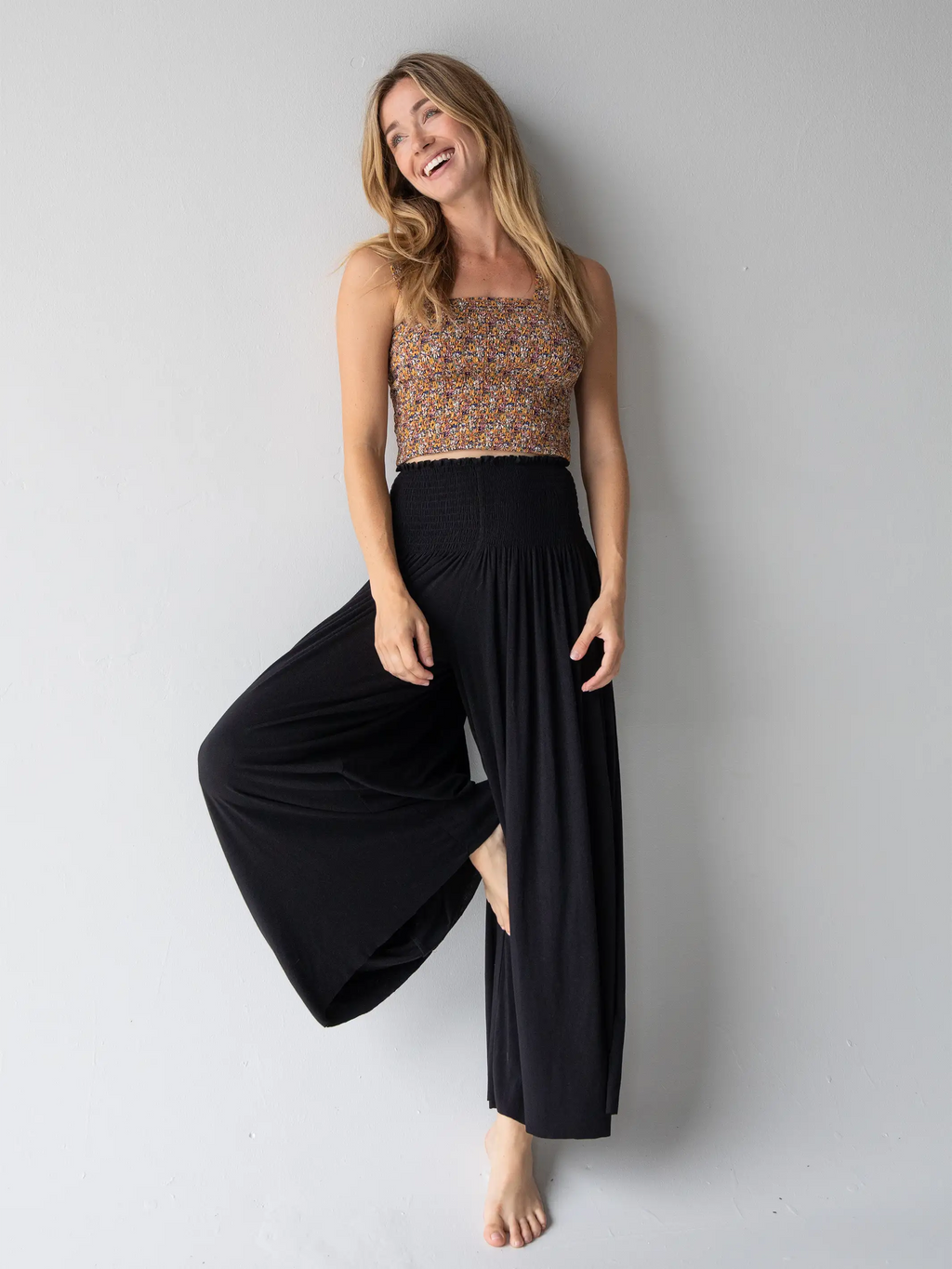 Women's black wide-leg palazzo pants with elastic waist