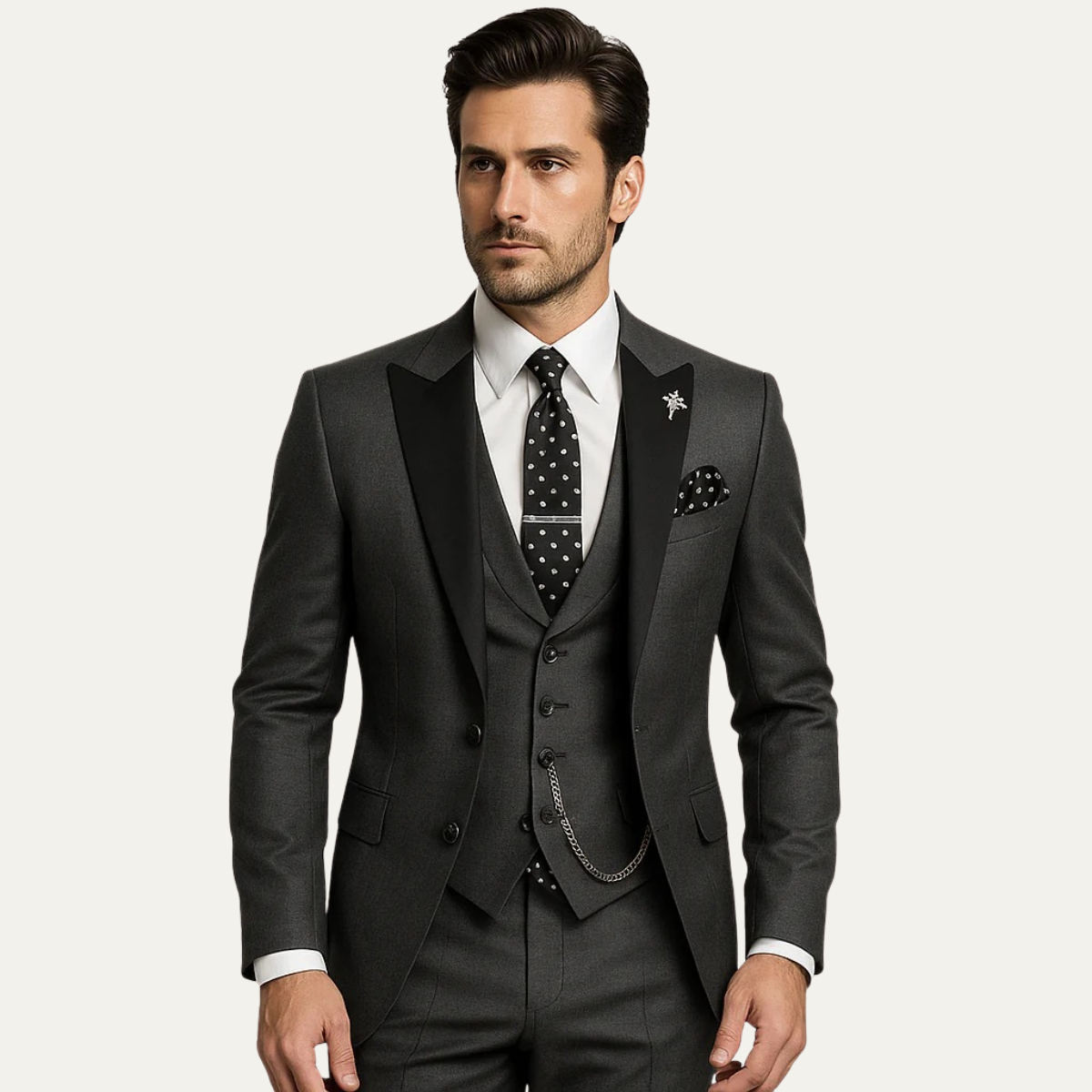 Men's three-piece suit set with blazer, waistcoat and full-length trousers