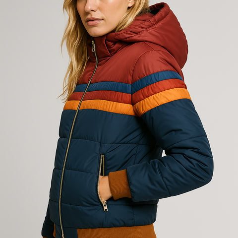 Women's padded hooded windbreaker jacket with horizontal stripes