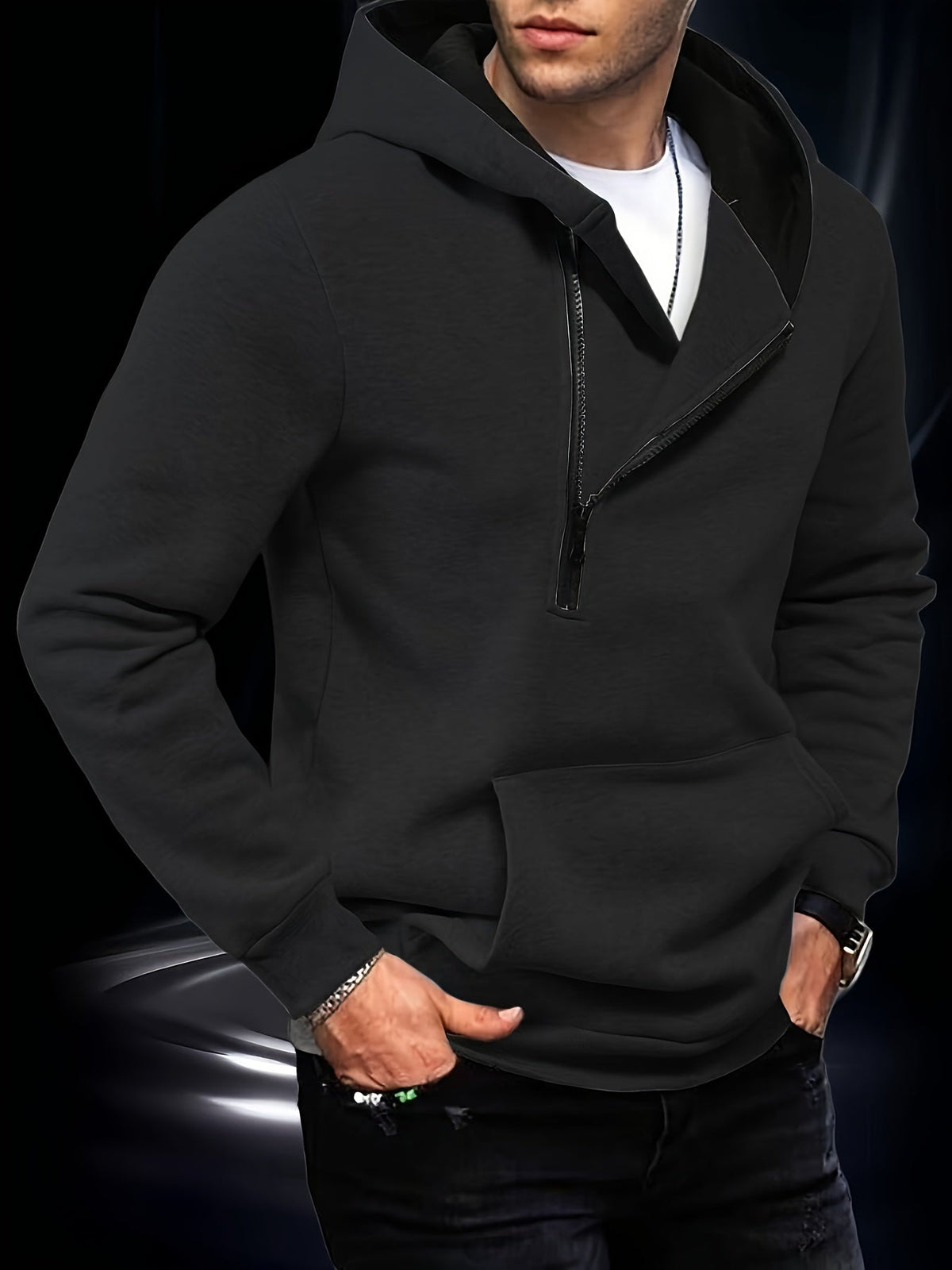 Men's hooded sweatshirt with diagonal zip detail and kangaroo pocket