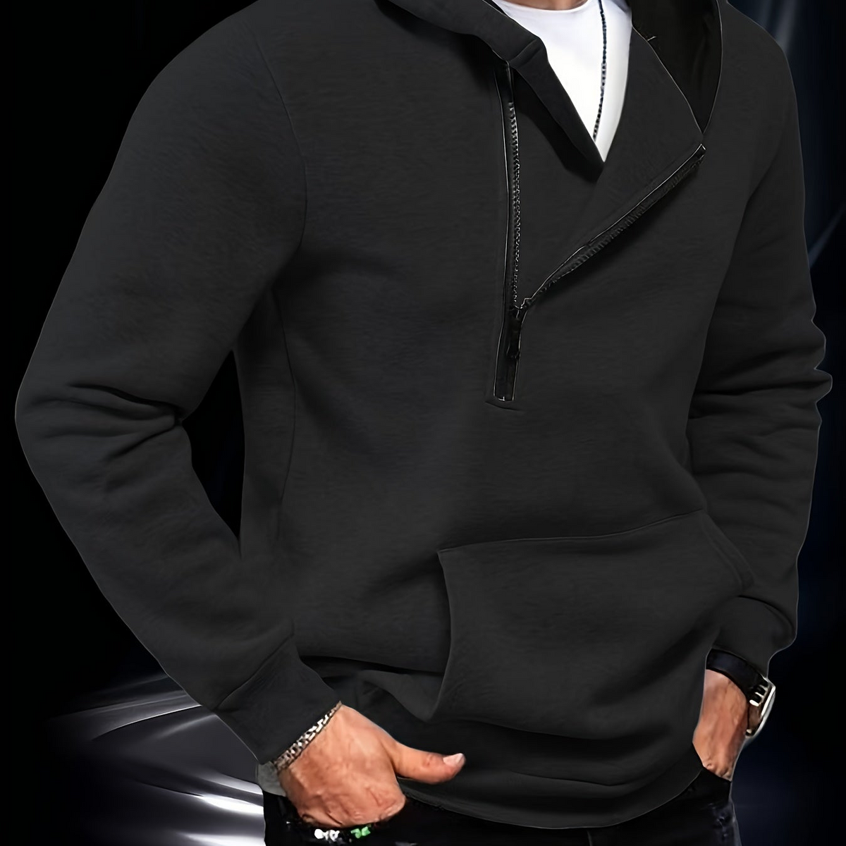 Men's hooded sweatshirt with diagonal zip detail and kangaroo pocket